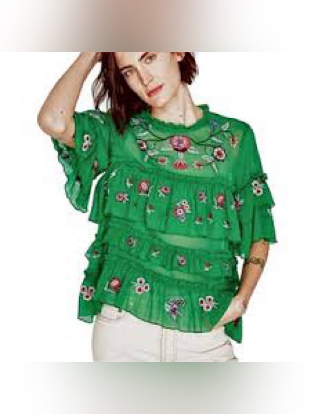 Zara Green Floral Embroidered Ruffle Blouse